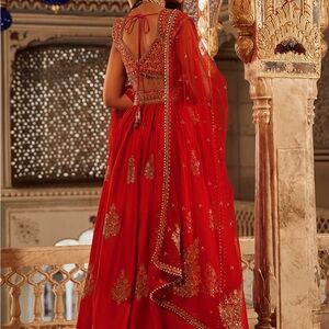 Elegant Red Embroidered Silk Lehenga, Size Medium